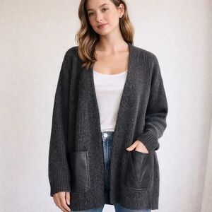 Madewell 100% Merino Wool Cardigan M Gray Leather Trim Open Front Sweater